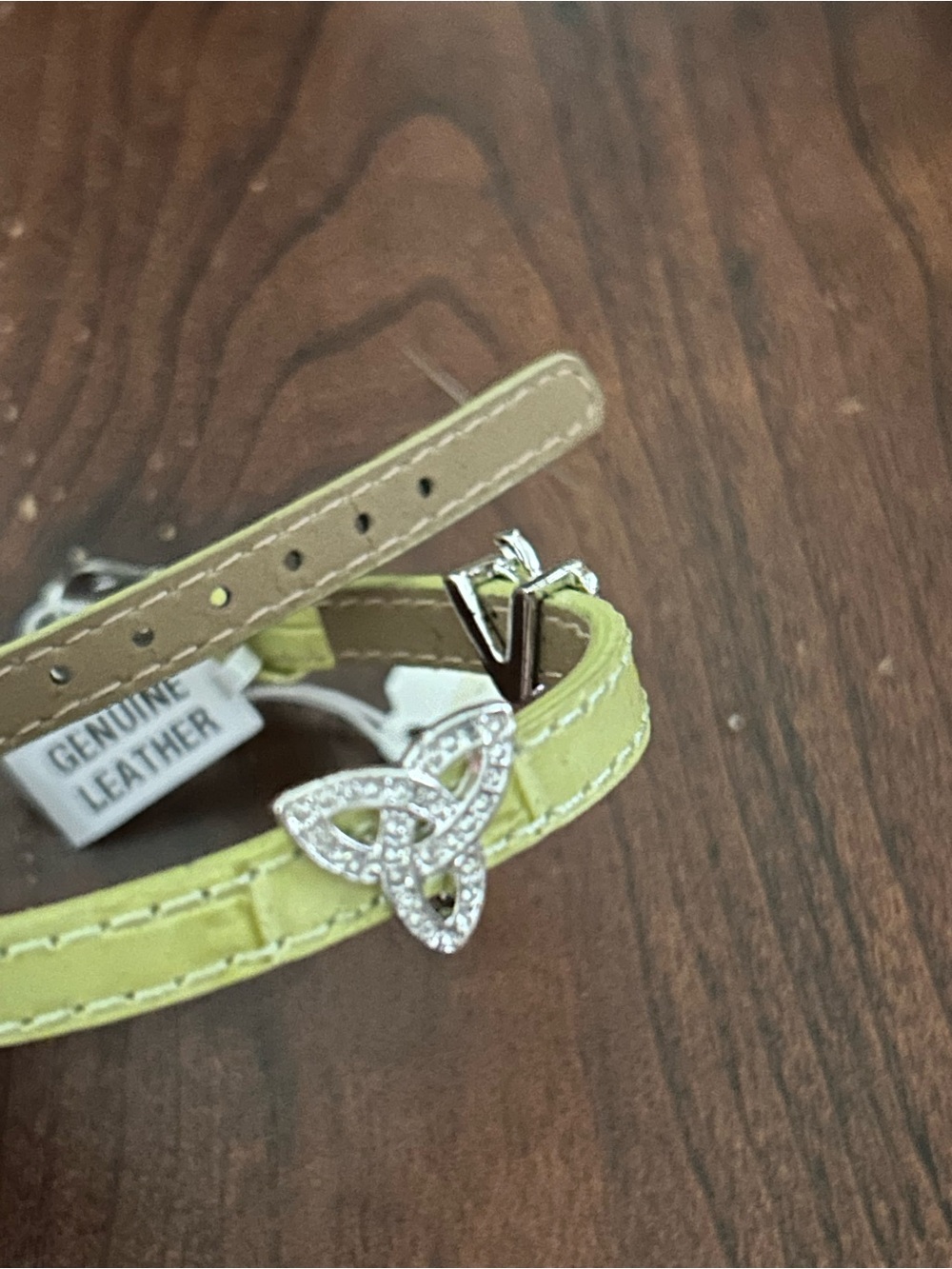 Joan Rivers Lime Green Leather Bracelet with Crystal Trinity Knot